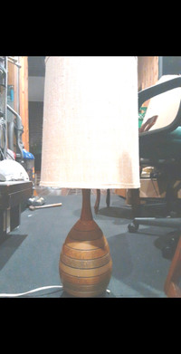 Beautiful vintage MCM pottery lamp with teak stem & burlap shade