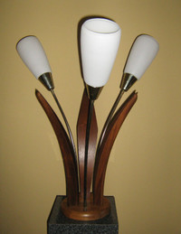 VTG. Flower Form Sculptural Teak and Brass Lamp w/Frosted Shades