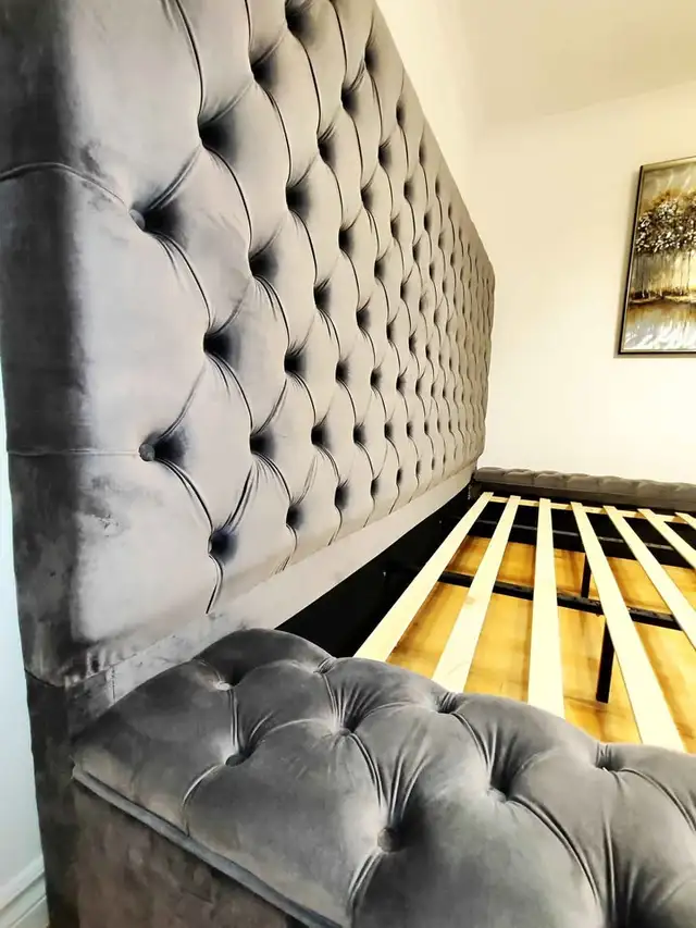 Grey Velvet Tufted Platform Bed
