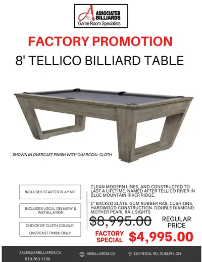 8’ TELLICO POOL TABLE – FACTORY PROMOTION Premium 8’ Tellico billiard table featuring modern design...