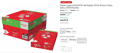 Papier 8,5 po x 14 po, blanc, 5000 feuilles, View more