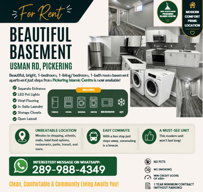 Beautiful, bright, 1-bedroom, 1-liivng/bedroom, 1-bath room basement apartment just steps from Picke...