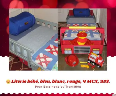 1.- Literie bébé, bleu, blanc, rouge, bassinette ou lit transition 4 MCX, 35$. Blainville. 2.- Inclu...