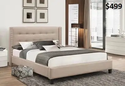 NO BOXSPRING NEEDED! AVAILABLE IN GREY OR BEIGE LINEN FABRIC LIMITED TIME OFFER! QUEEN BED ONLY $499...