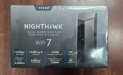 I am selling a new Netgear Nighthawk RS200 dual-band router with WiFi 7, capable of speeds up to 6.5...