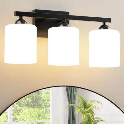NEUF: Lampe de salle de bain en verre blanc Noir 3 lumières, View more