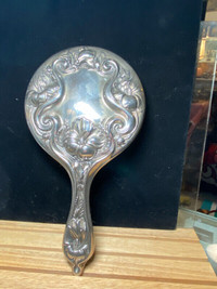 Vintage Art Nouveau Floral Daisy Metal Hand Mirror Silver Tone V