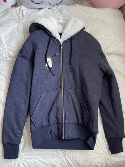 Moose Knuckles Brand New Cozy Fleece-Lined Zip-Up Hoodie – Dark Heather Blue regular price 400 bough...