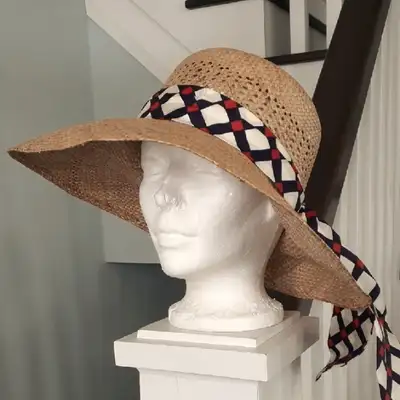Natural straw brimmed women's sunhat with scarf detail, View more