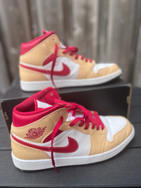 Nike Air Jordan 1 Mid Light Curry Cardinal Red Men's 10.5