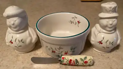 Barely used pepper and salt shakers and matching bowl with spreader. Christmas themed pattern, Winte...