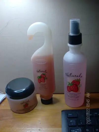 avon strawberries and cream body spray, shower gel and cream set brand new laundry room shelf $10 fo...