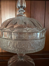 Crystal candy dish with lid.  About 7 in tall.
