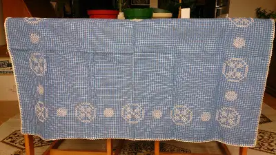 Antique Blanket Stitched, Embroidered, Blue Gingham Table Cloth, View more