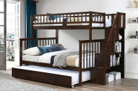 STRONG WOODEN STORAGE BUNK BED TWIN OVER DOUBLE WITH TRUNDLE.