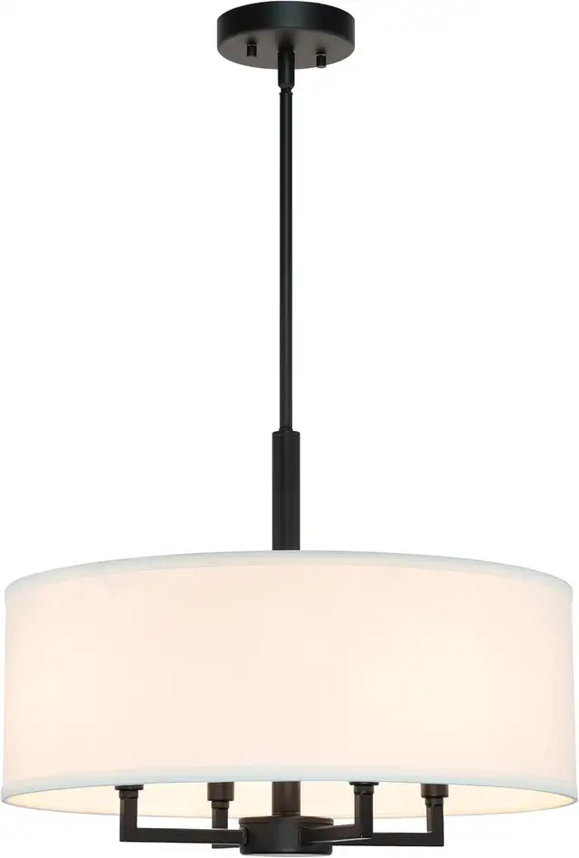 Farmhouse 4-Light Drum Chandelier with White Fabric Shade - Blac in Indoor Lighting & Fans in City of Toronto - Image 4