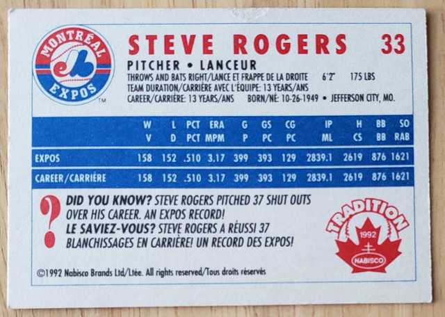 1992 MONTREAL EXPOS - NABISCO - STEVE ROGERS CARD dans Art et objets de collection  à Laval/Rive Nord - Image 2