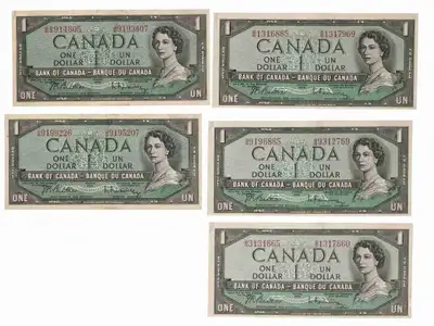 Lot of (5) 1954 Canadian $1 Bills - 2 Consecutive Pairs, View more