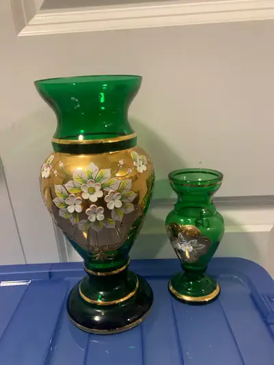 Art Crystal Glass Vase. Emerald Gold Paint Raised Enamel Flowers, View more