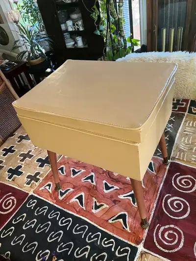 Mid-Century Sewing Supplies Box/Ottoman with Beige Faux Leather, View more
