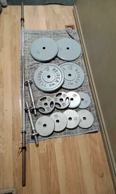 Steel weight plates, straight bar, dumbbell bars. Weights in pounds are 25x2, 20x2, 5x8, 130 lbs tot...