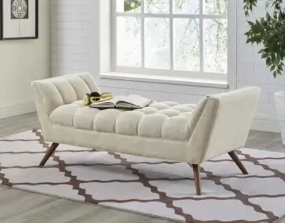 Beige upholstered bench, View more