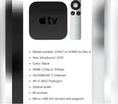 Gently used Apple TV 3rd Generation. Works like-new. Comes with original parts including Box and cab...