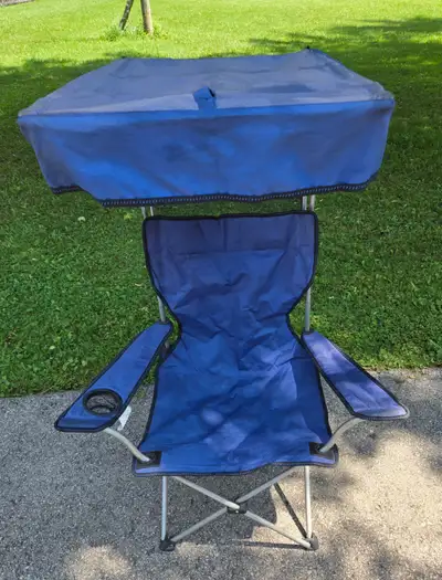 Folding outdoor blue chairs, one with sun awning, View more