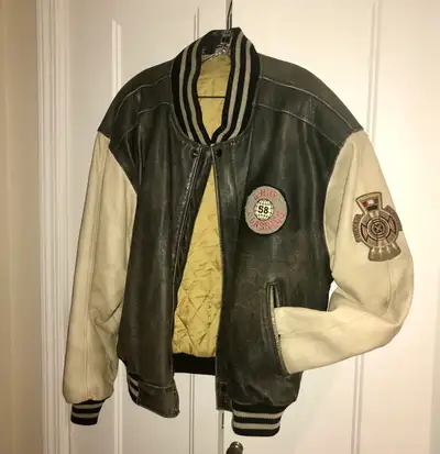 UNIQUE LEATHER BOMBER with 3 APPLIQUÉS, Large Size, VG Condition, View more