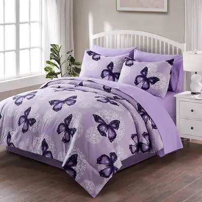 New 8 PC King Comforter Set • Purple Butterflies • Bed in a Bag, View more