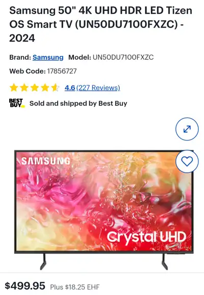 Samsung 50" 4K UHD HDR LED Tizen OS Smart TV (UN50DU7100FXZC) -, View more