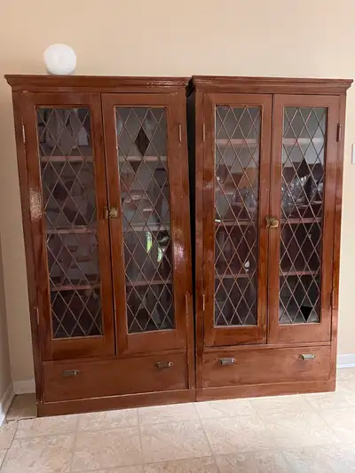 Pair of Wooden China Cabinets – Glass Doors – Walnut, View more