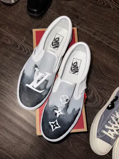 Custom made LV slip ons Hand-painted Vans slip-on shoes. Unique ombre design. Features Louis Vuitton...