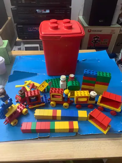 Vintage Lego Red Bucket/Bin-Lot of 65 pcs: Trains,people,Bricks,, View more
