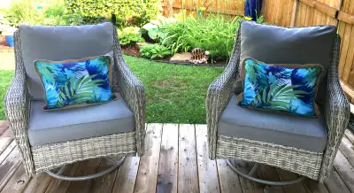 PAIR OF SWIVEL ROCKER  OUTDOOR WICKER CLUB CHAIRS, View more