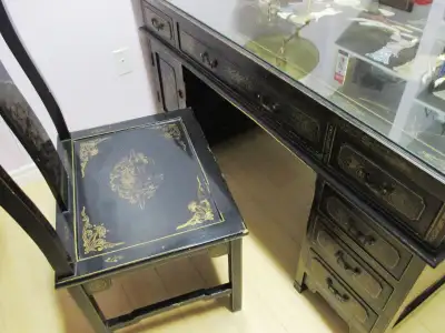 Vintage desk & chair with carved jade & gemstone inlaid Black Lacquer with outline in gold, glass to...