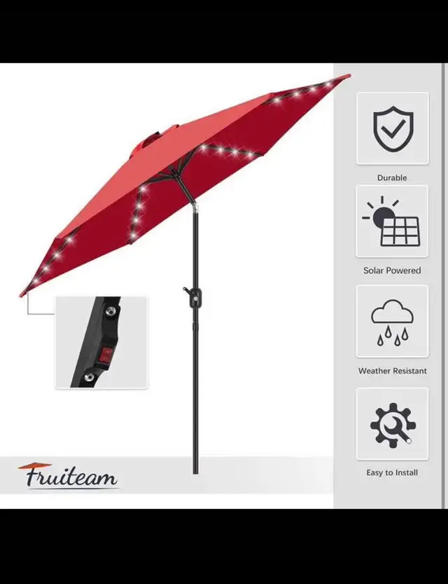 RED 9FT Solar LED UmbrellaSolar Powered Table Umbrella, Fade-re in Patio & Garden Furniture in Hamilton - Image 7