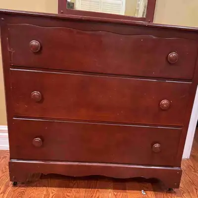 Antique Three Drawer Wooden Dresser with Mirror, View more