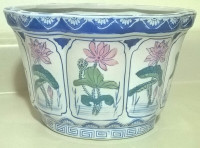 Chinese Oval Ceramic Flower Pot with Fresh Lotus Flowers