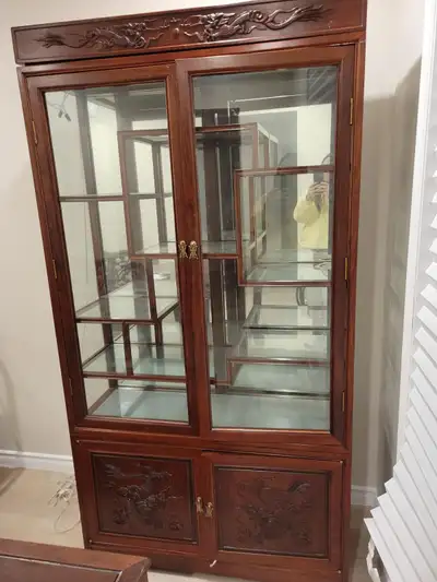 MOVING SALE: Vintage Rosewood Handcrafted Solid Wood Curio Cabin, View more