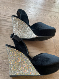Black velvet and silver wedge sandals Charles & Keith
