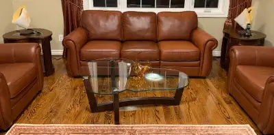 Waterfall glass coffee table, 2 solid wood matching side tables, View more