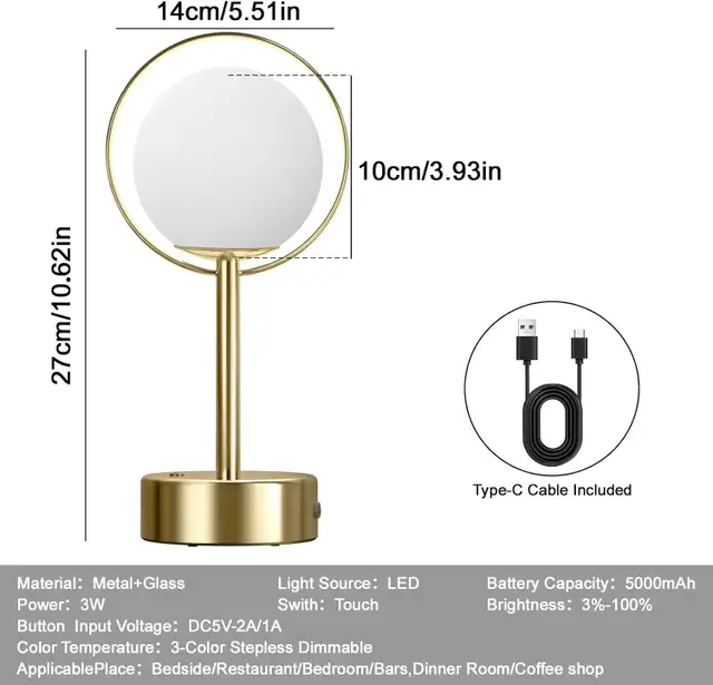 Rechargeable Table Lamp 5000mAh Gold Touch Dimmable 3 CCT Batter in Indoor Lighting & Fans in Oshawa / Durham Region - Image 6