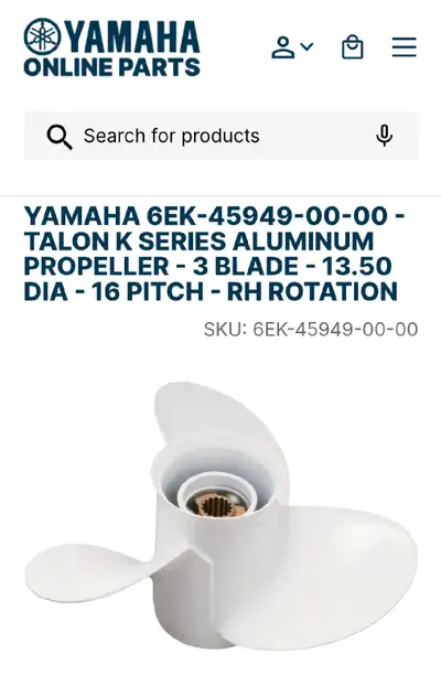 Yamaha 6EK-45949-00-00 Talon K Series Aluminum Propeller 3 RH 13.50 Dia 16 Pitch MSRP $304.93 Produc...