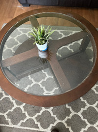 Glass and wood coffee table and 2 end tables
