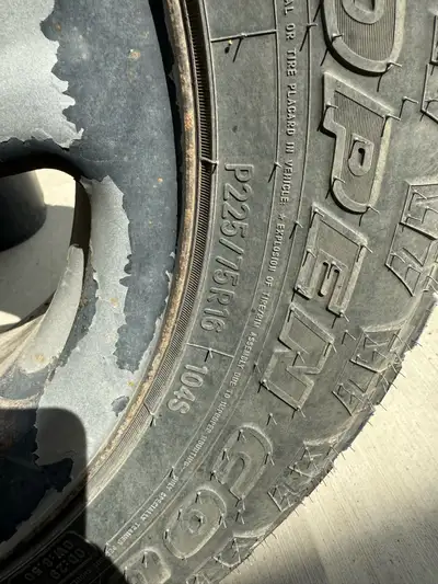 75 percent tread on 225/75R16 tires on 16 inch jeep rims. Five rims available. Fifth spare tire olde...