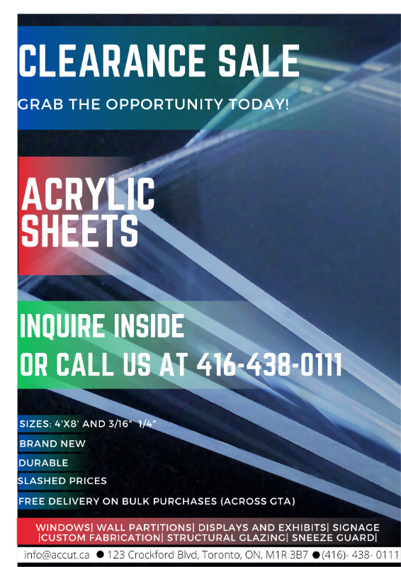 Clear Plexiglass Acrylic sheets for SALE in Other in City of Toronto