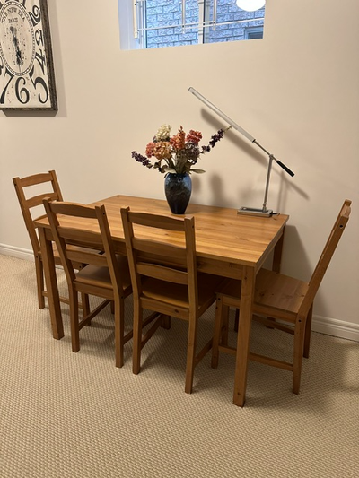 Solid pine dining table with 4 matching chairs, View more