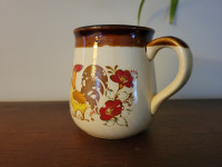 Vintage Midcentury Stoneware Mug – Earthy Rooster Floral Brown