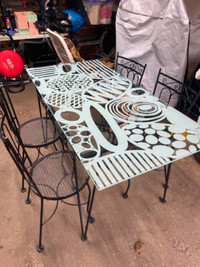 Six Piece Wrought Iron Patio Table Set with Glass Top
